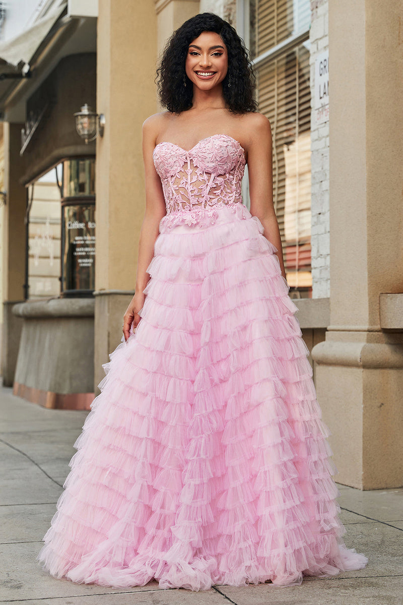 Load image into Gallery viewer, Pink A-Line Strapless Tiered Long Corset Formal Dress with Lace
