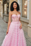 Pink A-Line Strapless Tiered Long Corset Formal Dress with Lace