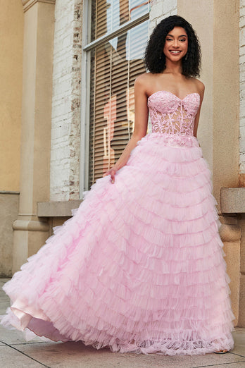 Pink A-Line Strapless Tiered Long Corset Formal Dress with Lace