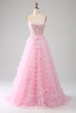 Pink A-Line Strapless Tiered Long Corset Formal Dress