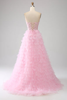 Pink A-Line Strapless Tiered Long Corset Formal Dress
