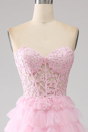 Pink A-Line Strapless Tiered Long Corset Formal Dress