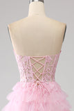 Pink A-Line Strapless Tiered Long Corset Formal Dress