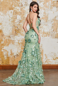 Spaghetti Straps Green Mermaid Corset Formal Dress with Appliques