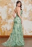 Spaghetti Straps Green Mermaid Corset Formal Dress with Appliques