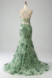 Mermaid Spaghetti Straps Green Corset Formal Dress with Appliques