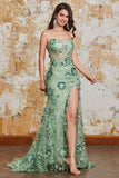 Spaghetti Straps Green Mermaid Corset Formal Dress with Appliques