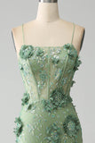 Mermaid Spaghetti Straps Green Corset Formal Dress with Appliques