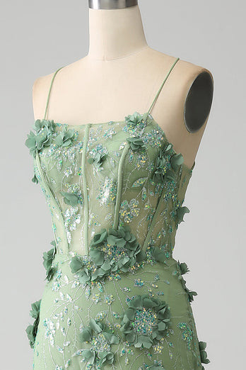 Mermaid Spaghetti Straps Green Corset Formal Dress with Appliques