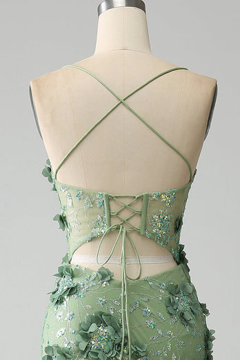 Mermaid Spaghetti Straps Green Corset Formal Dress with Appliques