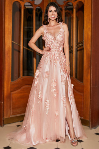 A-Line Spaghetti Straps Blush Long Formal Dress with Appliques