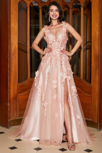 A-Line Spaghetti Straps Blush Long Formal Dress with Appliques