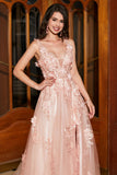 A-Line Spaghetti Straps Blush Long Formal Dress with Appliques