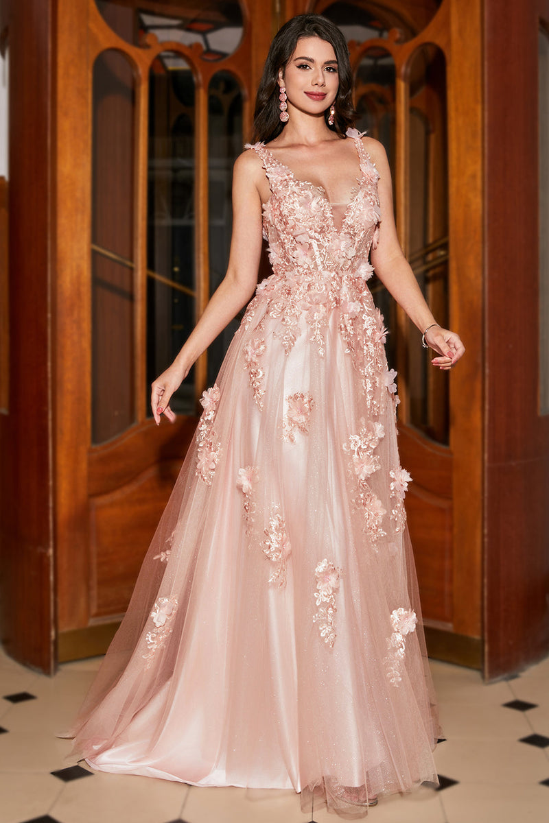 Load image into Gallery viewer, A-Line Spaghetti Straps Blush Long Formal Dress with Appliques