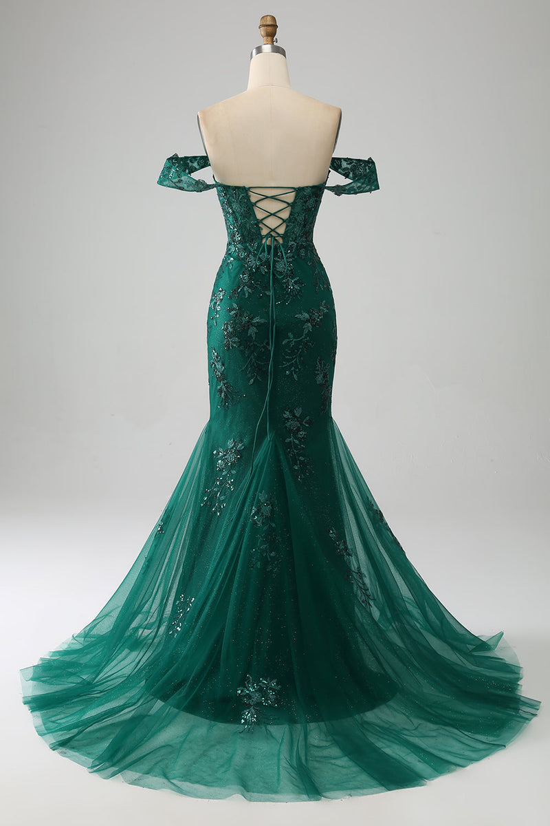 Load image into Gallery viewer, Mermaid Off The Shoulder Dark Green Formal Dress with Appliques