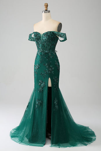Mermaid Off The Shoulder Dark Green Formal Dress with Appliques