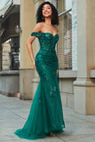 Stylish Mermaid Off the Shoulder Dark Green Corset Formal Dress with Split Front