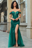 Stylish Mermaid Off the Shoulder Dark Green Corset Formal Dress with Split Front