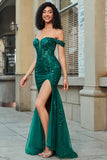 Stylish Mermaid Off the Shoulder Dark Green Corset Formal Dress with Split Front