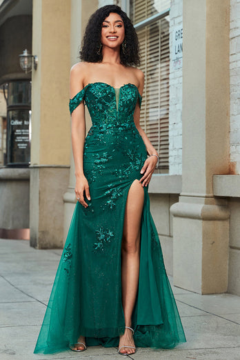 Stylish Mermaid Off the Shoulder Dark Green Corset Formal Dress with Split Front