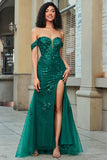 Stylish Mermaid Off the Shoulder Dark Green Corset Formal Dress with Split Front