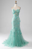 Green Mermaid Spaghetti Straps Long Formal Dress with Appliques