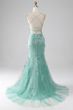 Green Mermaid Spaghetti Straps Long Formal Dress with Appliques