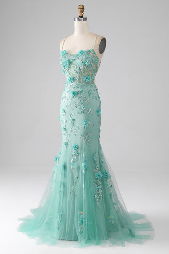 Green Mermaid Spaghetti Straps Long Formal Dress with Appliques