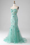 Green Mermaid Spaghetti Straps Long Formal Dress with Appliques