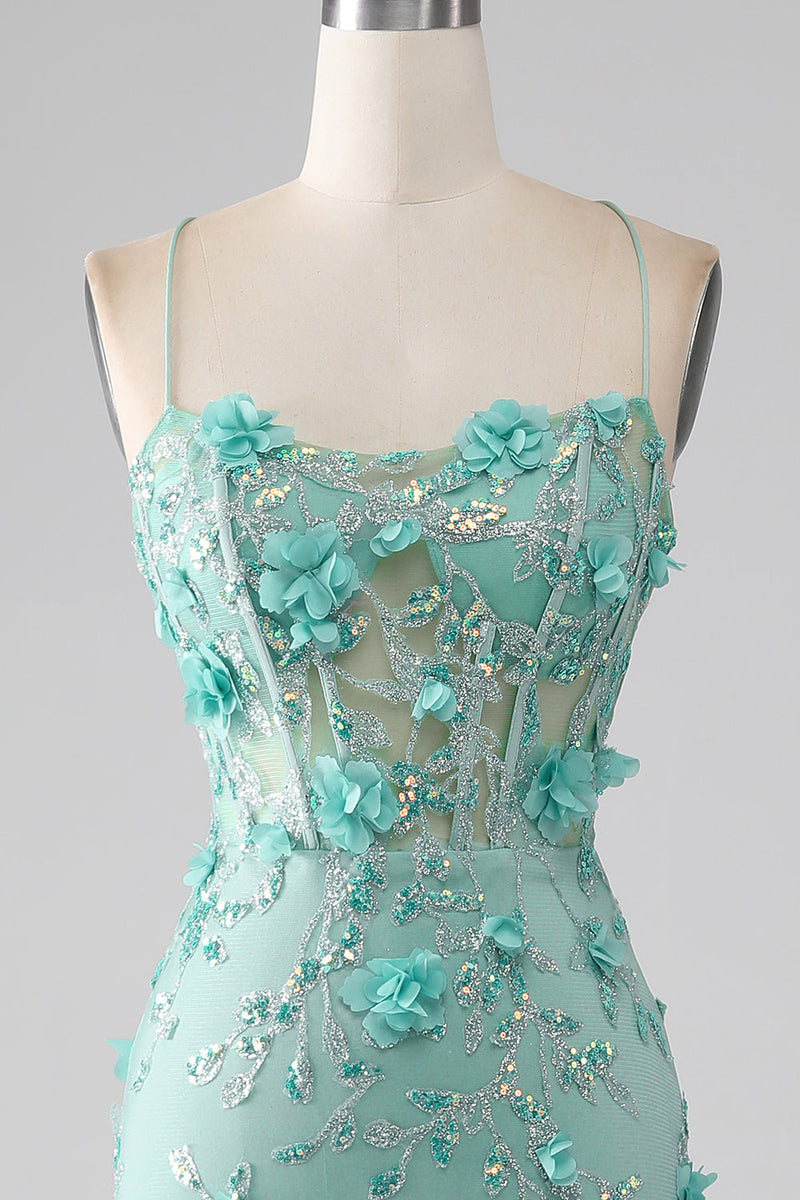 Load image into Gallery viewer, Green Mermaid Spaghetti Straps Long Formal Dress with Appliques