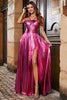 Load image into Gallery viewer, Hot Pink A-Line Spaghetti Straps Pleated Sparkly Formal Dress with Slit