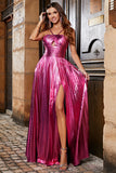 Golden A-Line Spaghetti Straps Pleated Sparkly Formal Dress with Slit