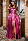 Hot Pink A-Line Spaghetti Straps Pleated Sparkly Formal Dress with Slit