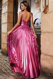 Golden A-Line Spaghetti Straps Pleated Sparkly Formal Dress with Slit