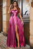 Load image into Gallery viewer, Golden A-Line Spaghetti Straps Pleated Sparkly Formal Dress with Slit