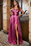 Hot Pink A-Line Spaghetti Straps Pleated Sparkly Formal Dress with Slit