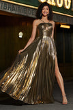 Golden A-Line Spaghetti Straps Pleated Sparkly Formal Dress with Slit