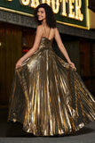 Golden A-Line Spaghetti Straps Pleated Sparkly Formal Dress with Slit