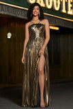 Golden A-Line Spaghetti Straps Pleated Sparkly Formal Dress with Slit