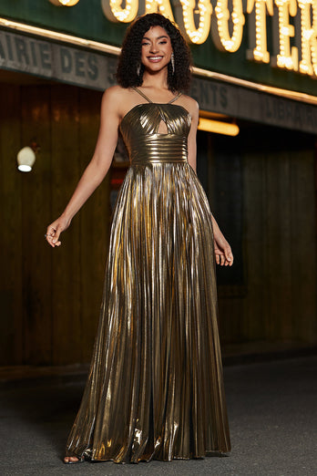 Golden A-Line Spaghetti Straps Pleated Sparkly Formal Dress with Slit
