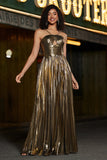 Golden A-Line Spaghetti Straps Pleated Sparkly Formal Dress with Slit