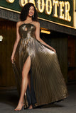 Golden A-Line Spaghetti Straps Pleated Sparkly Formal Dress with Slit