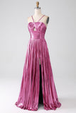 Fuchsia A-Line Spaghetti Straps Pleated Formal Dress with Slit