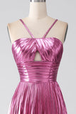 Fuchsia A-Line Spaghetti Straps Pleated Formal Dress with Slit