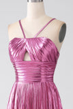 Fuchsia A-Line Spaghetti Straps Pleated Formal Dress with Slit