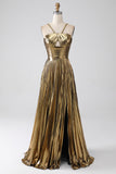 Hot Pink A-Line Spaghetti Straps Pleated Sparkly Formal Dress with Slit