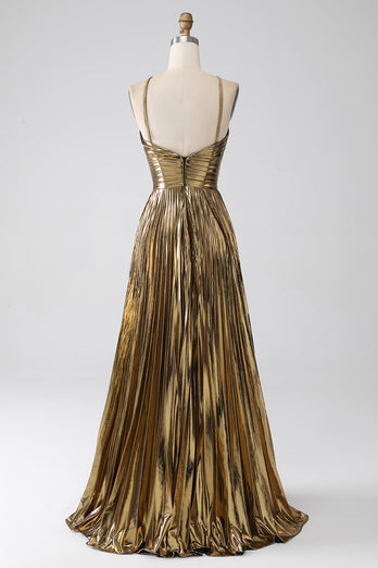 Fuchsia A-Line Spaghetti Straps Pleated Formal Dress with Slit