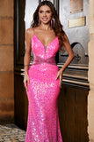 Hot Pink Glitter Mermaid Formal Dress with Beading Waist