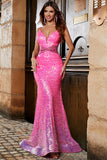 Hot Pink Glitter Mermaid Formal Dress with Beading Waist