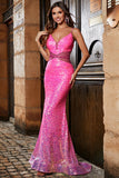 Hot Pink Glitter Mermaid Formal Dress with Beading Waist